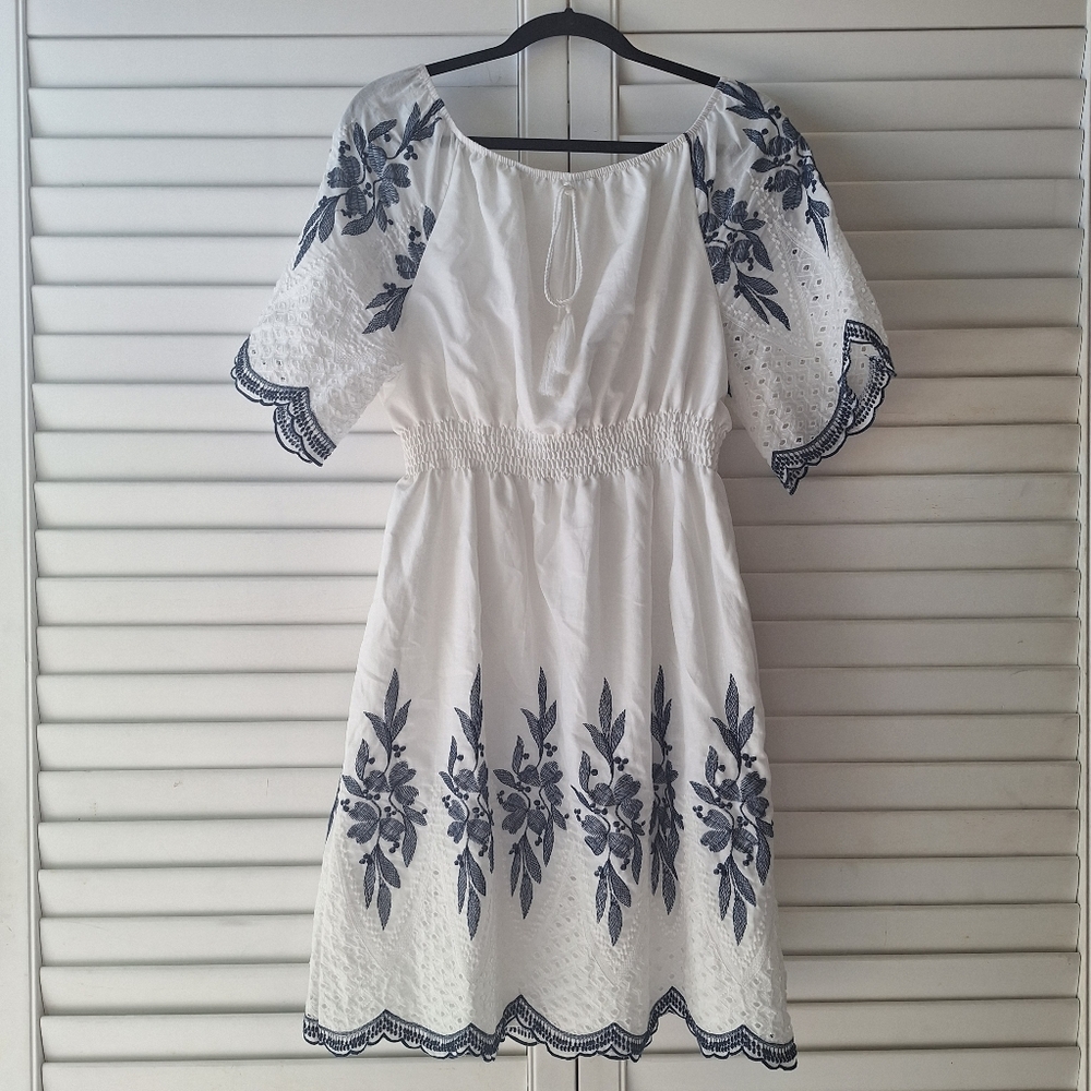 Kindred White Cotton Dress With Blue Embroidery